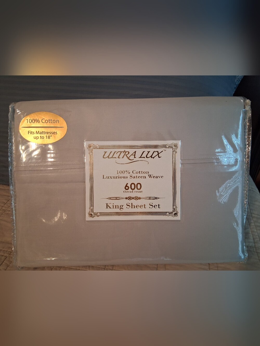 NWT Ultra Lux 600-Thread Count 100% Cotton King Sheet Set - Light Gray